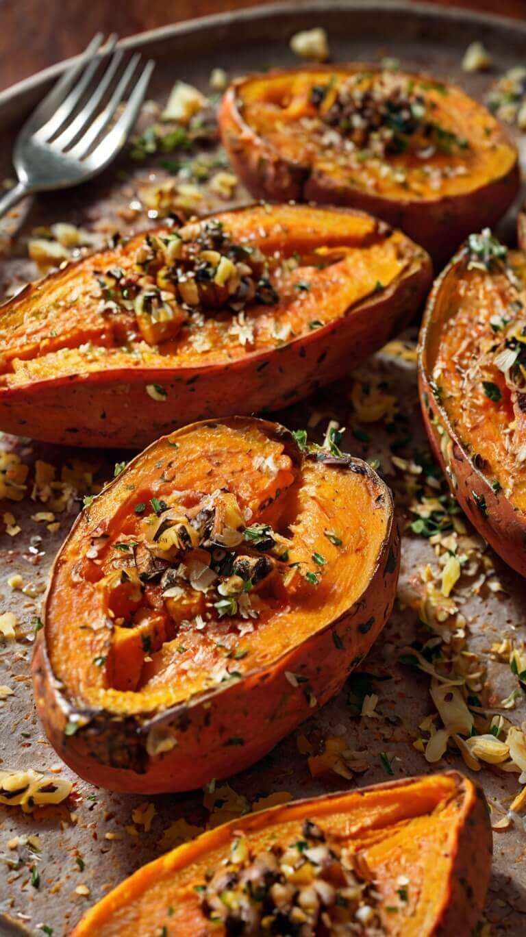 Roasted Sweet Potatoes with Garlic and Parmesan 