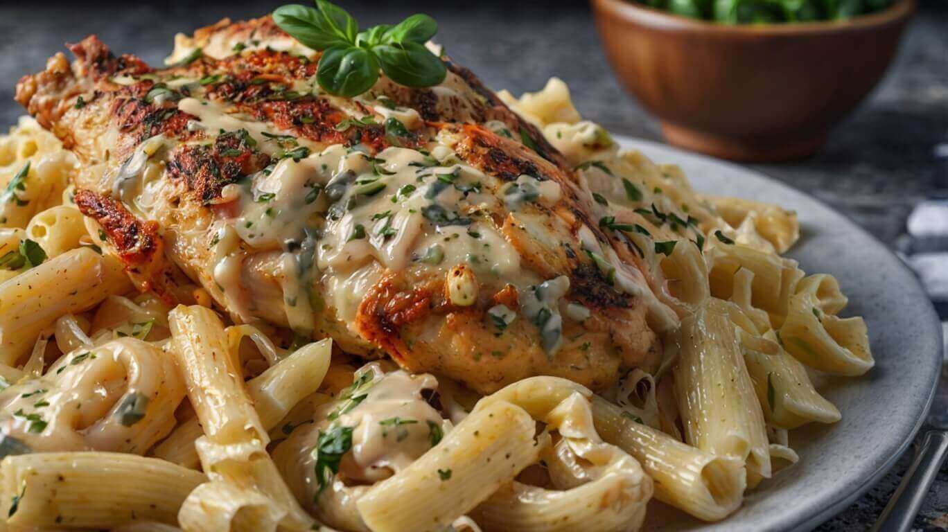 Creamy Garlic Parmesan Chicken with Cheesy Twisted Pasta 