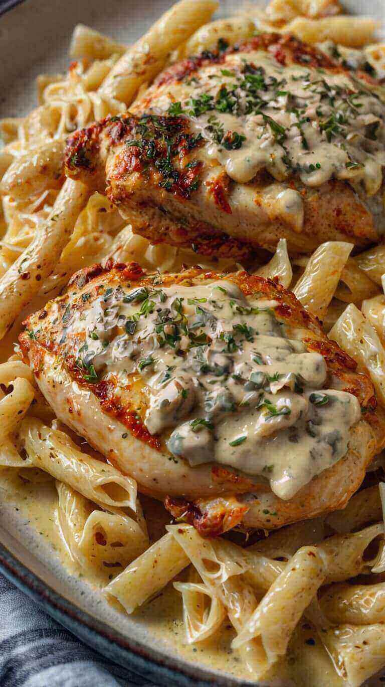 Creamy Garlic Parmesan Chicken with Cheesy Twisted Pasta