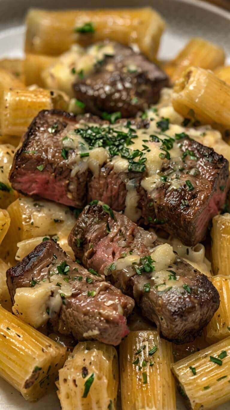 Garlic Butter Steak Tips With Cheesy Rigatoni 