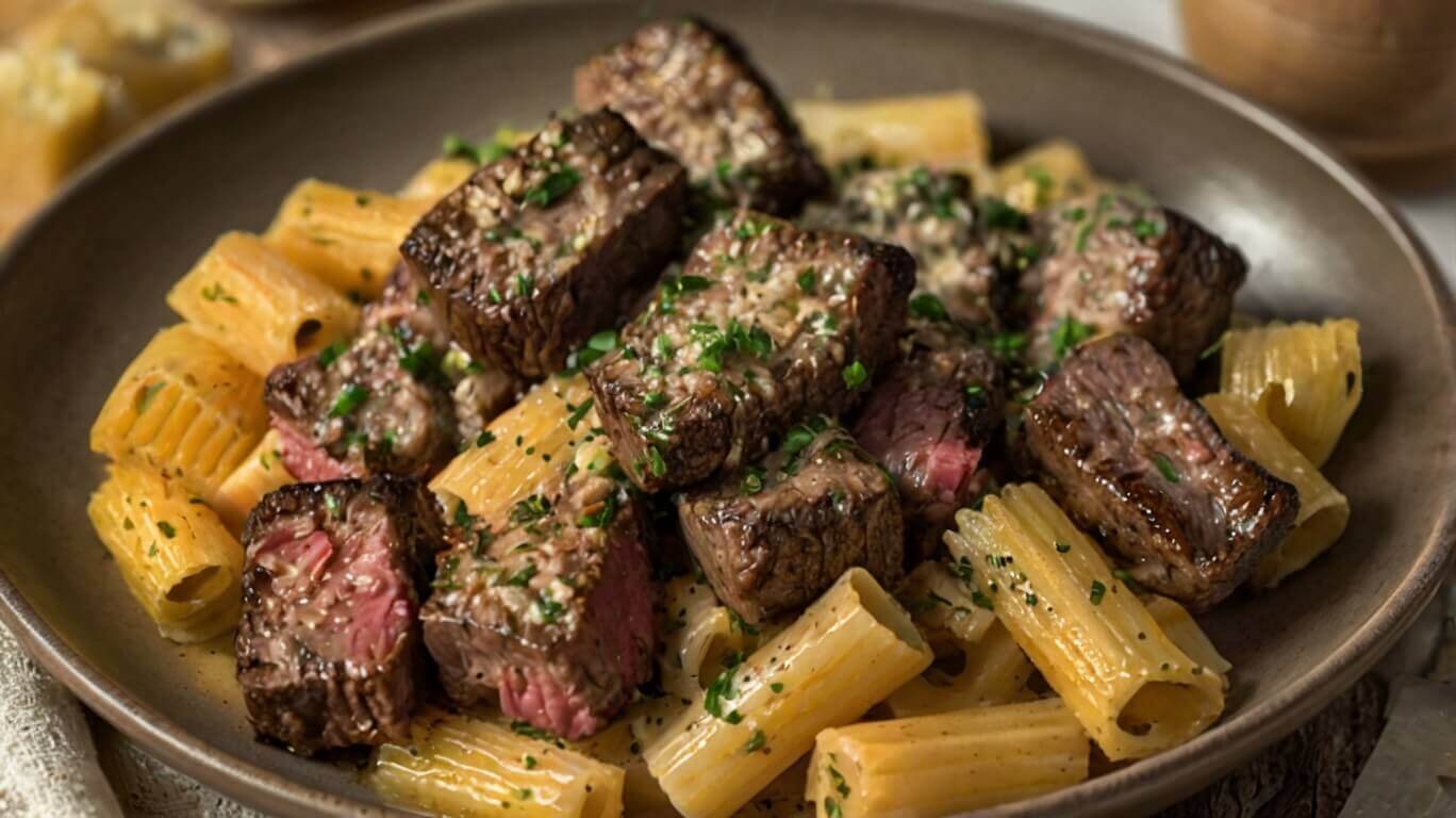 Garlic Butter Steak Tips With Cheesy Rigatoni Recipe