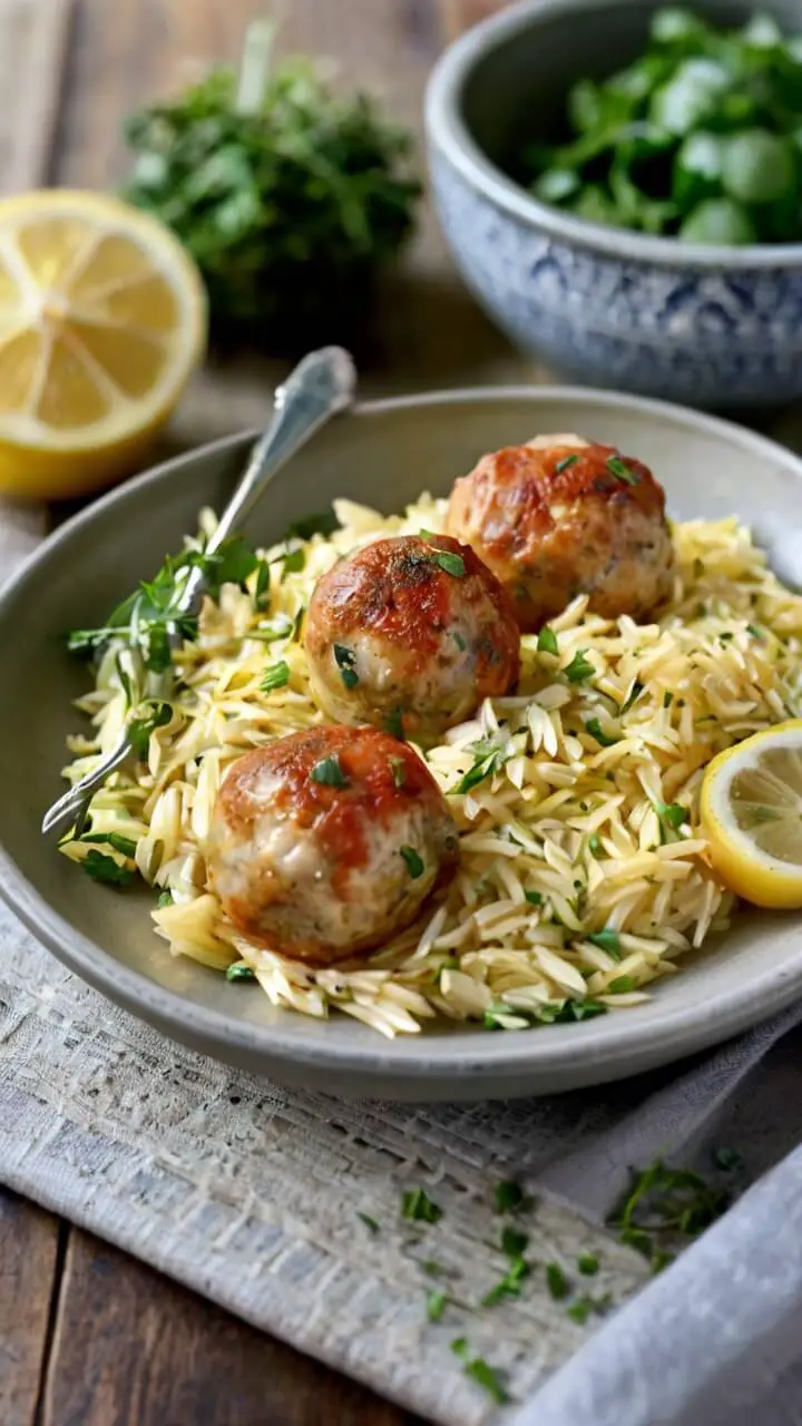 Greek Chicken Meatballs With Lemon Orzo