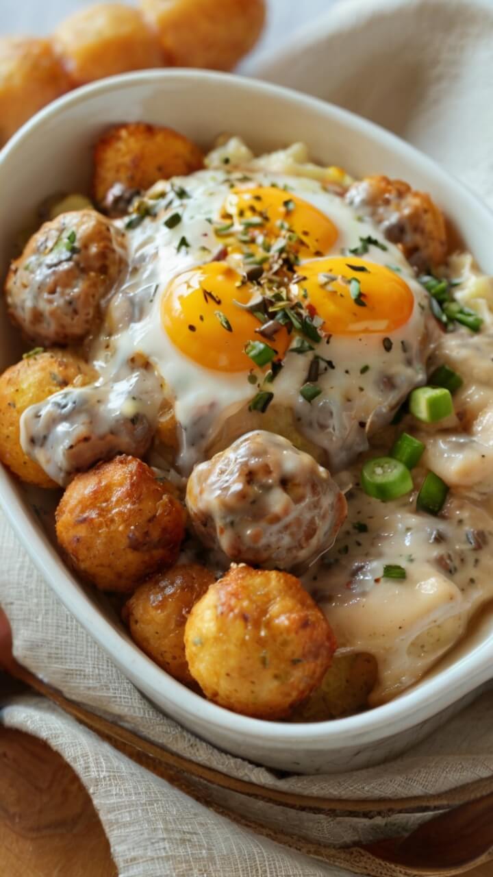 Tater Tot Sausage Breakfast Bowl with Gravy
