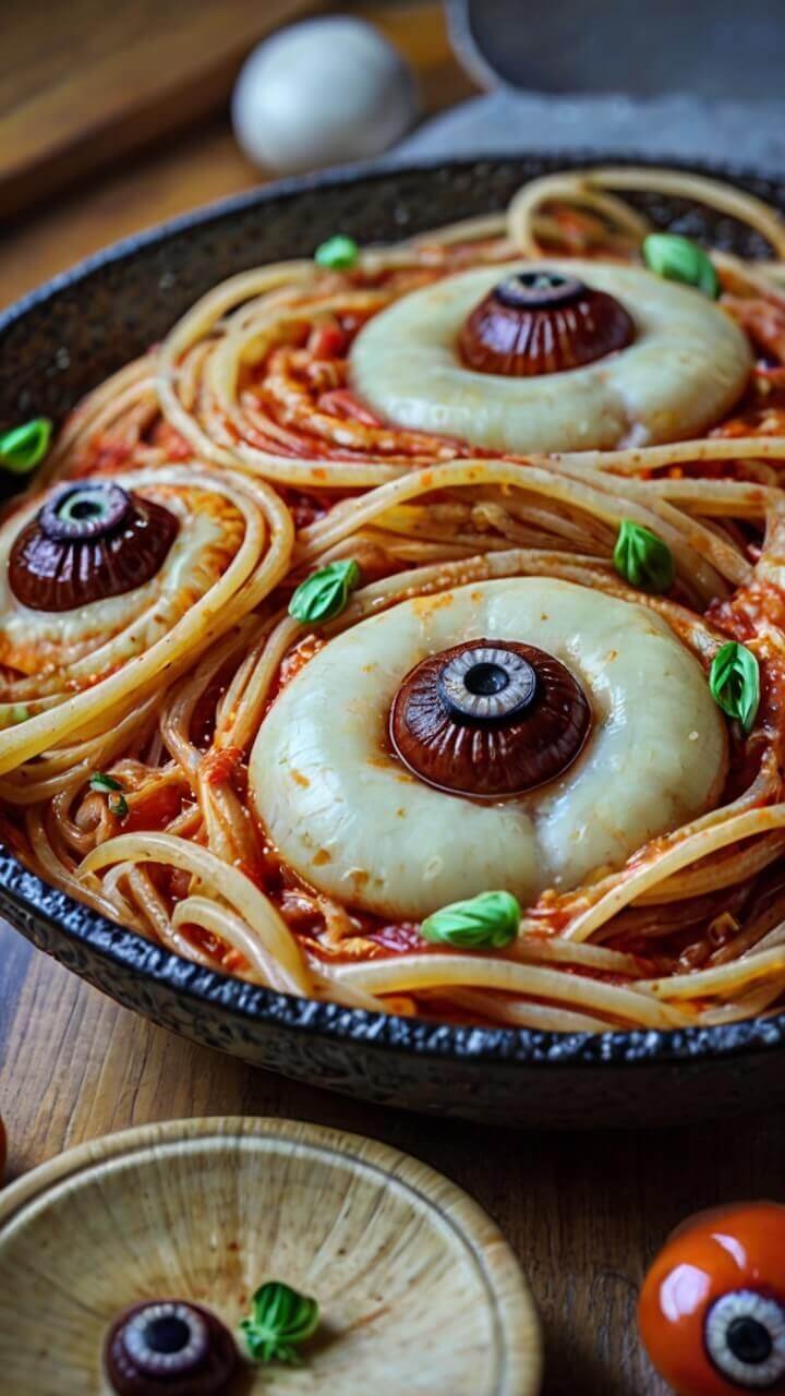 Bloody Spaghetti with Mozzarella Eyeballs