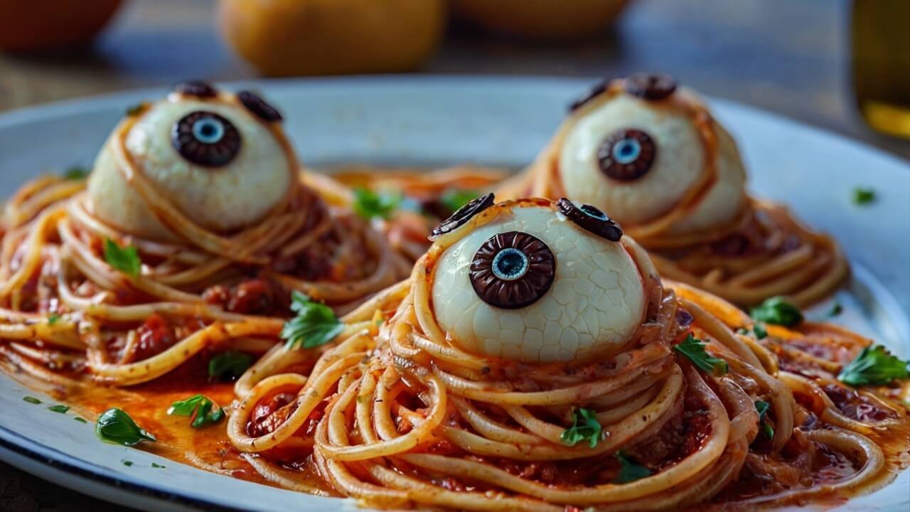Bloody Spaghetti with Mozzarella Eyeballs Recipe