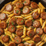 Sticky Honey Garlic Sausage Pasta Skillet Recipe