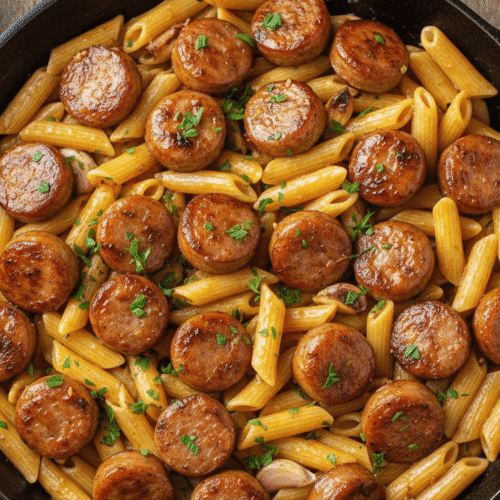 Sticky Honey Garlic Sausage Pasta Skillet Recipe