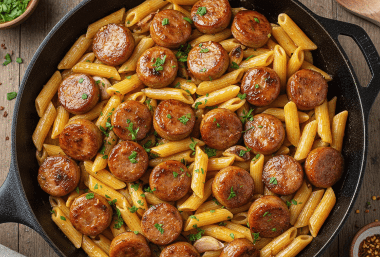 Sticky Honey Garlic Sausage Pasta Skillet Recipe