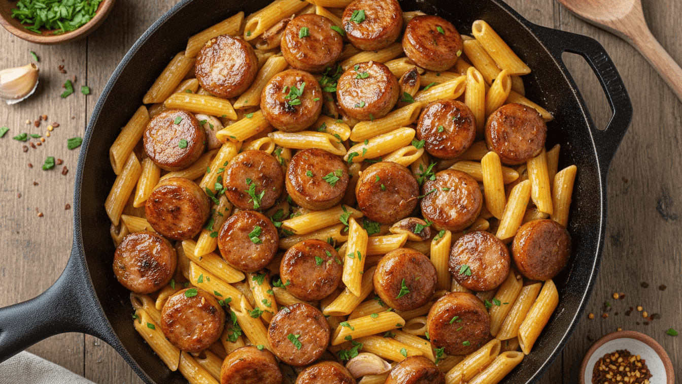 Sticky Honey Garlic Sausage Pasta Skillet Recipe