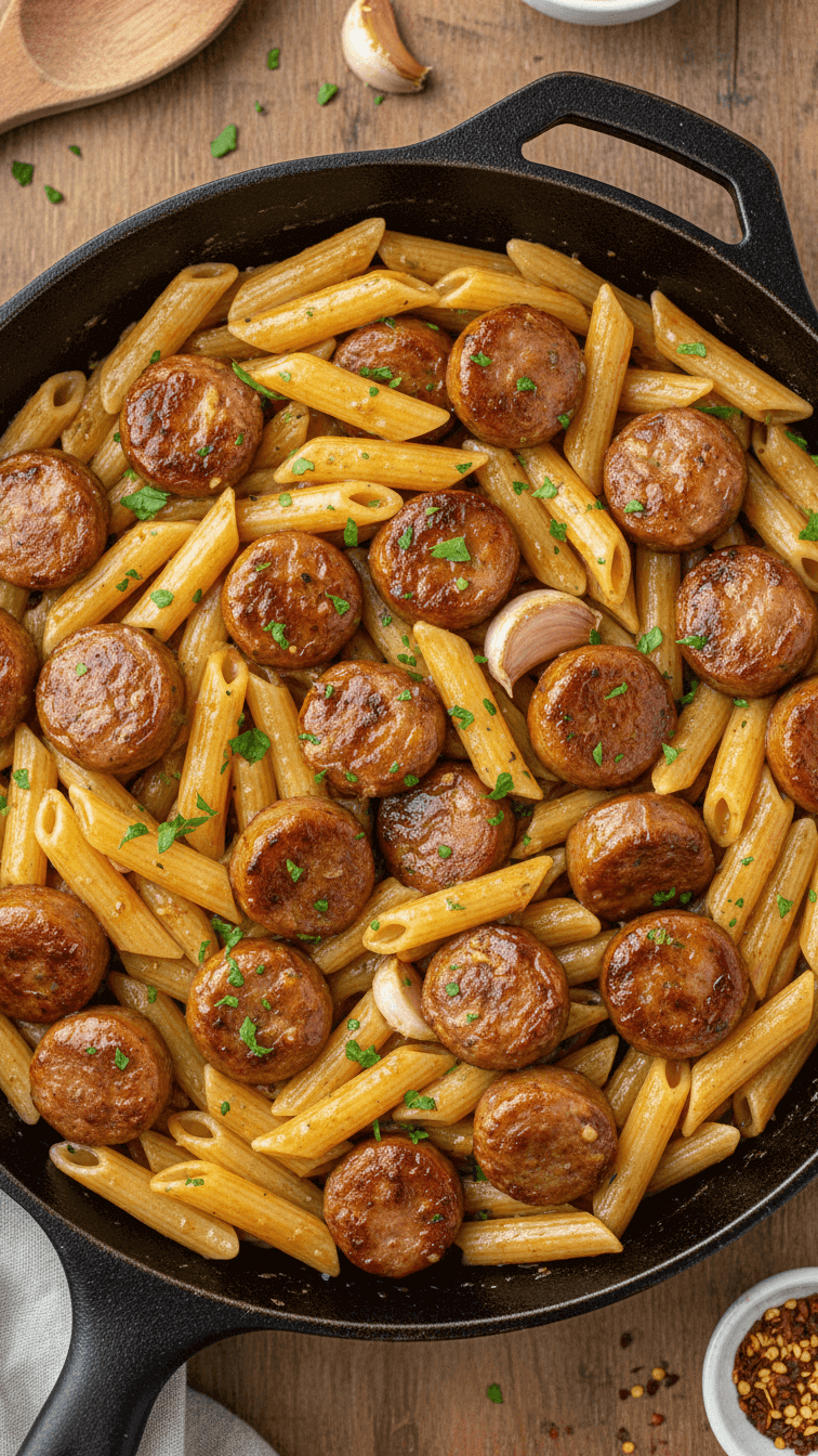 Sticky Honey Garlic Sausage Pasta Skillet