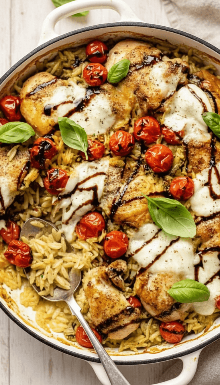 One Pan Caprese Pesto Orzo Bake