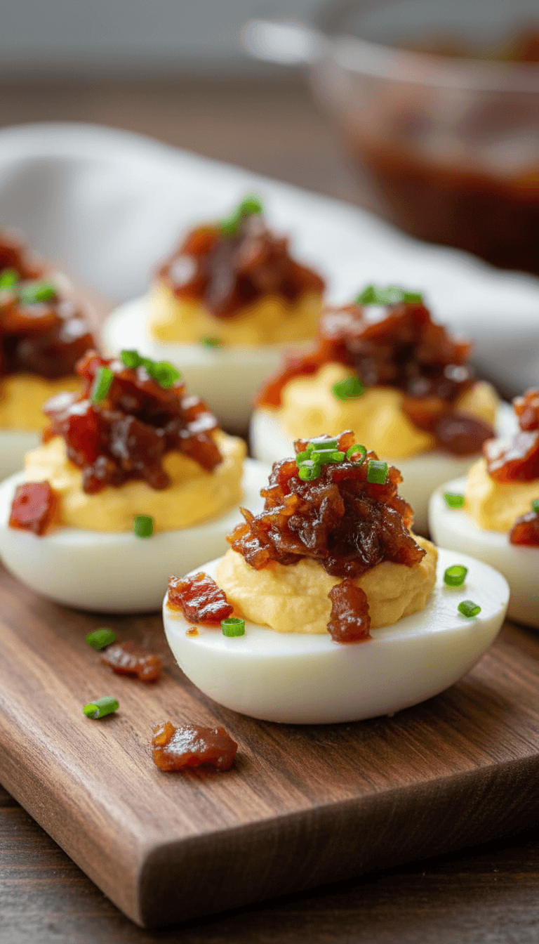Whiskey Bacon Jam Deviled Eggs