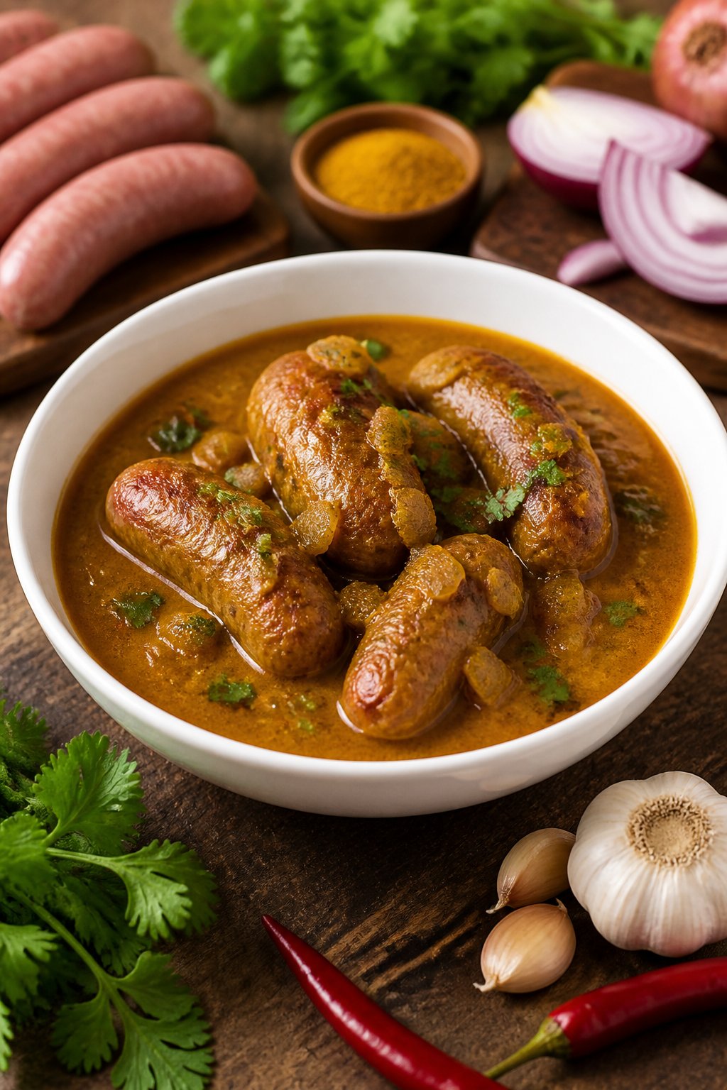 Curried Sausages Recipe close-up, ready to serve