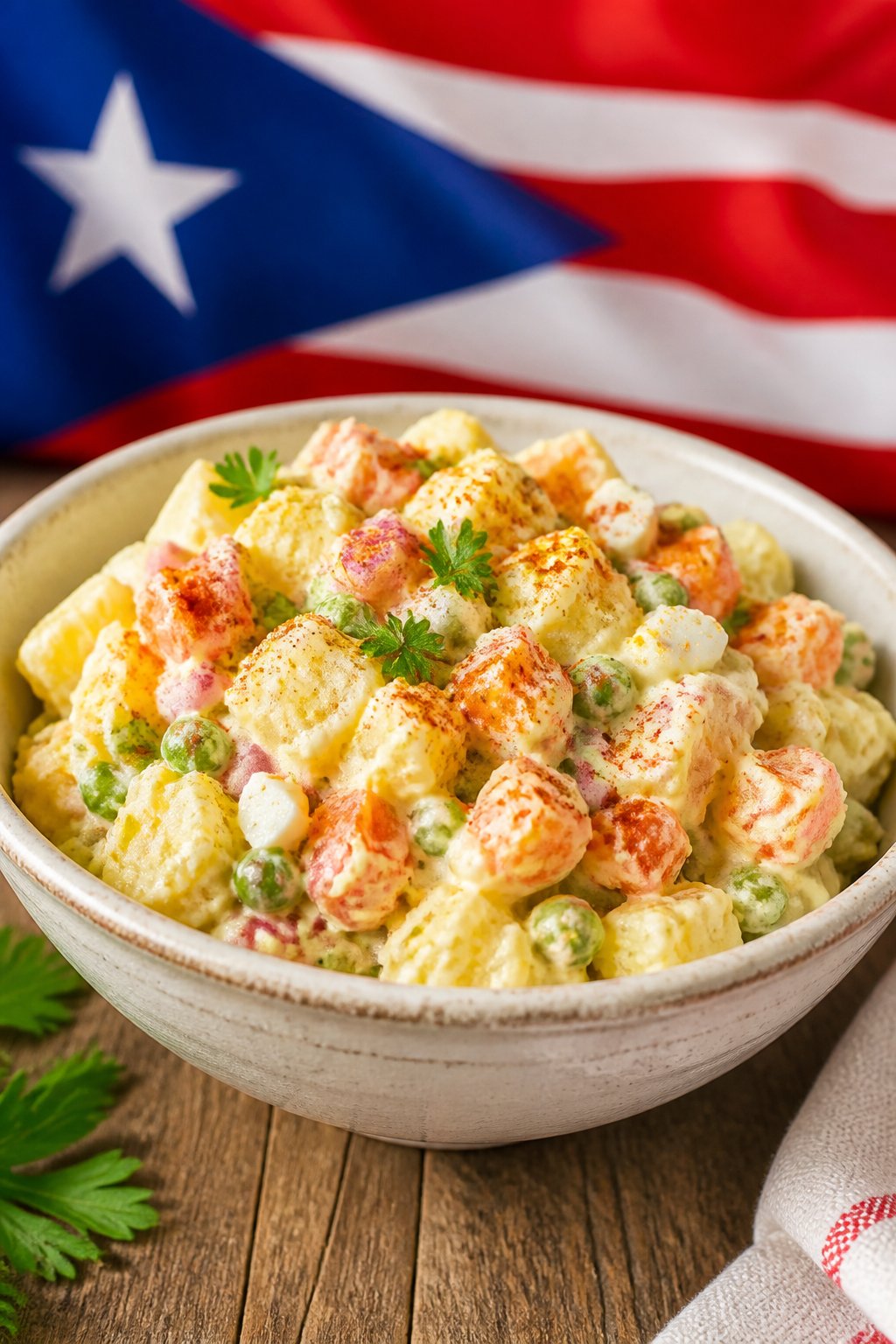Puerto Rican Potato Salad Recipe close-up, ready to serve