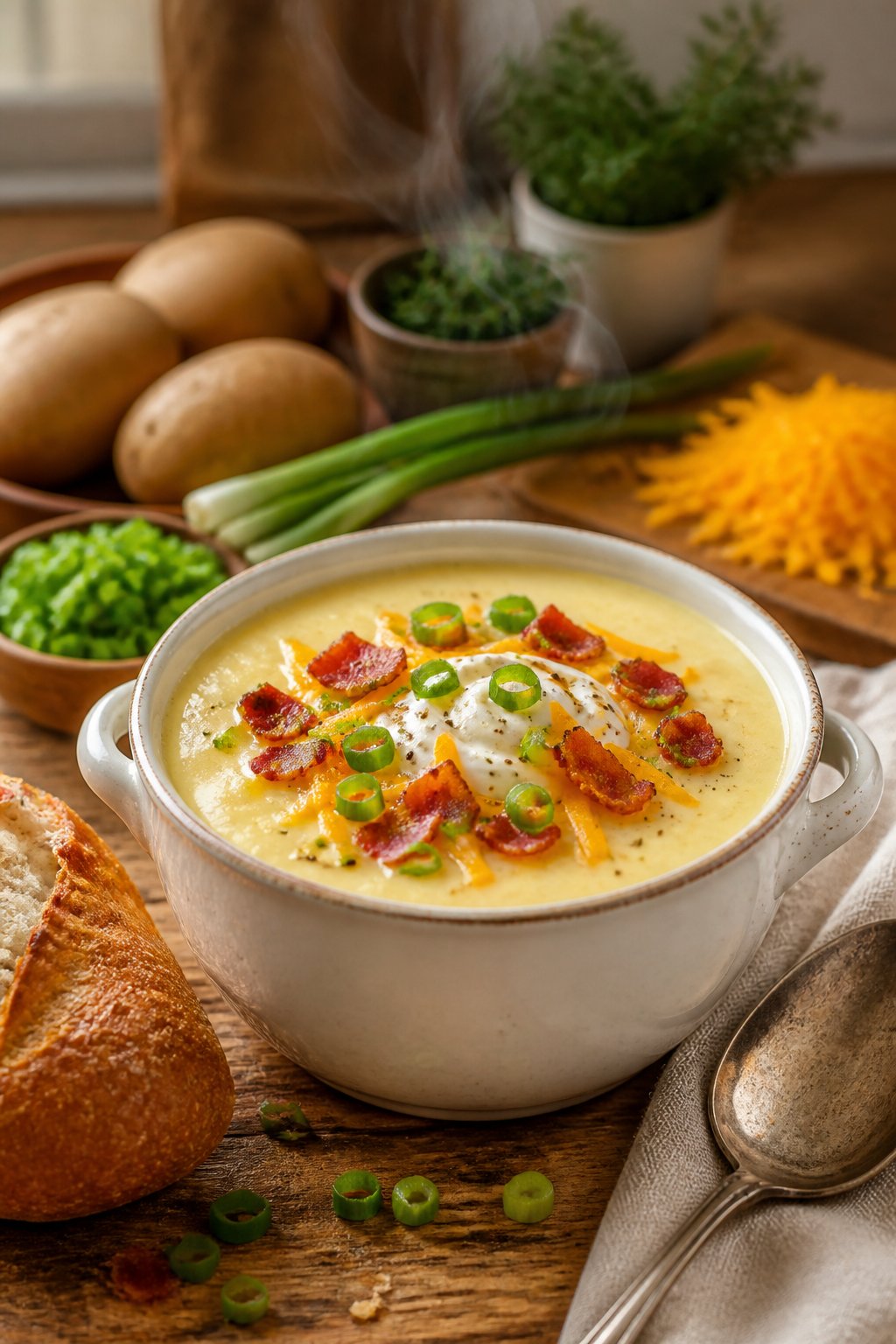 Raffertys Potato Soup Recipe close-up, ready to serve