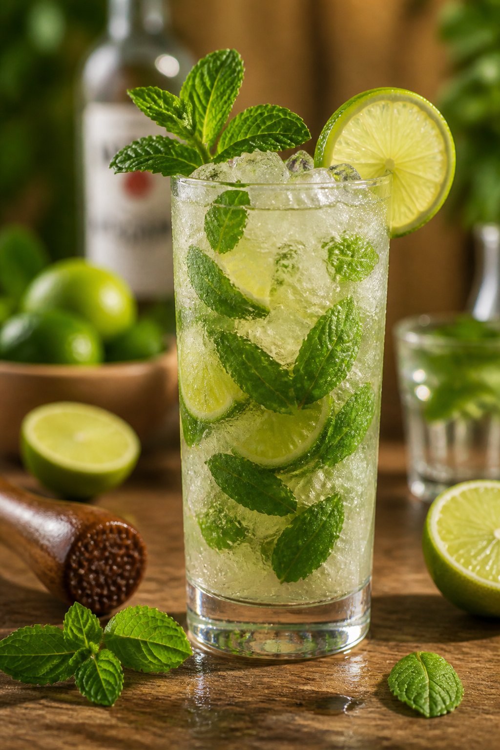 Traditional Cuban Mojito Cocktail Recipe close-up, ready to serve