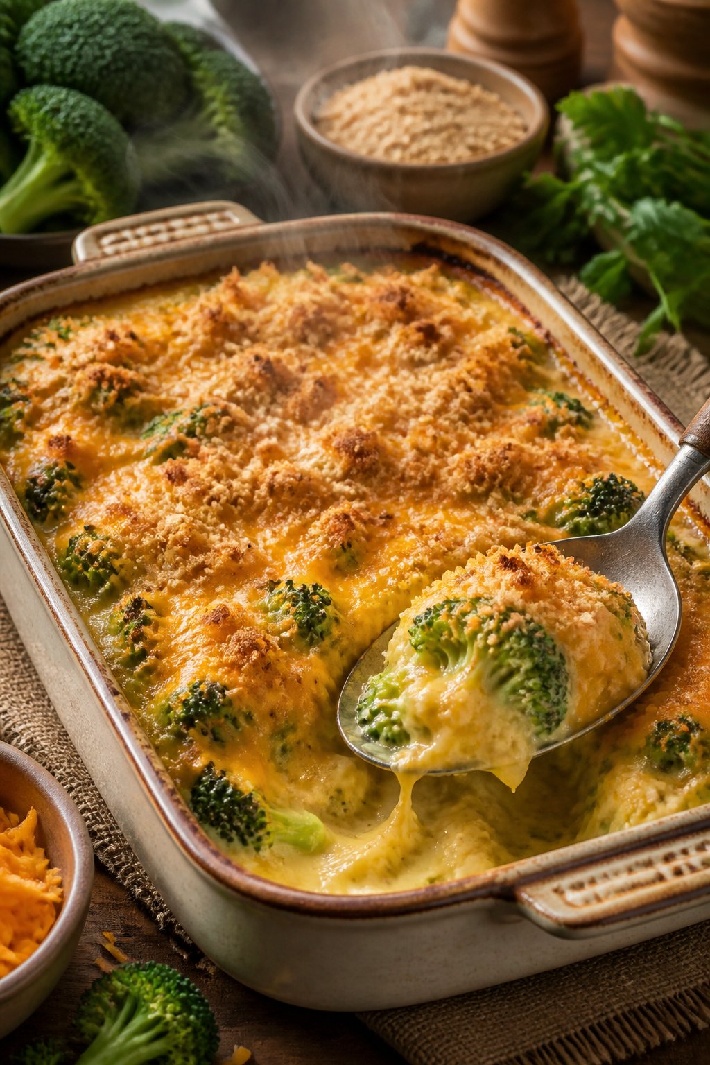 Cheddars Broccoli Cheese Casserole Recipe close-up, ready to serve