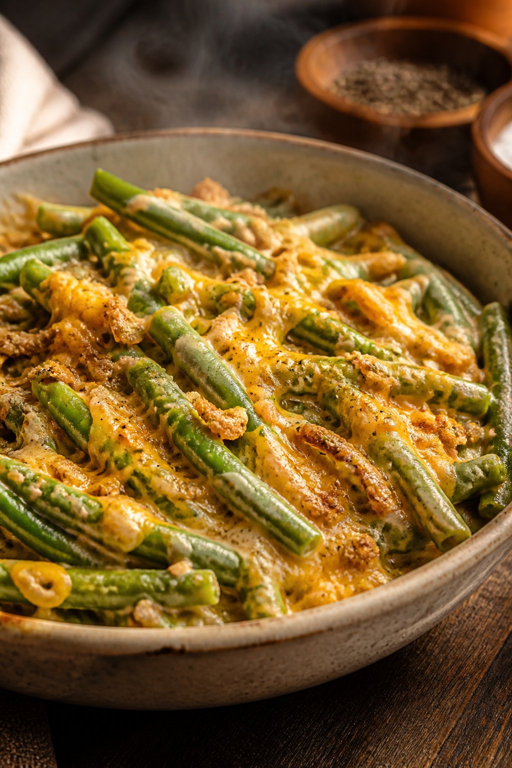 Cheddars Green Beans Recipe close-up, ready to serve