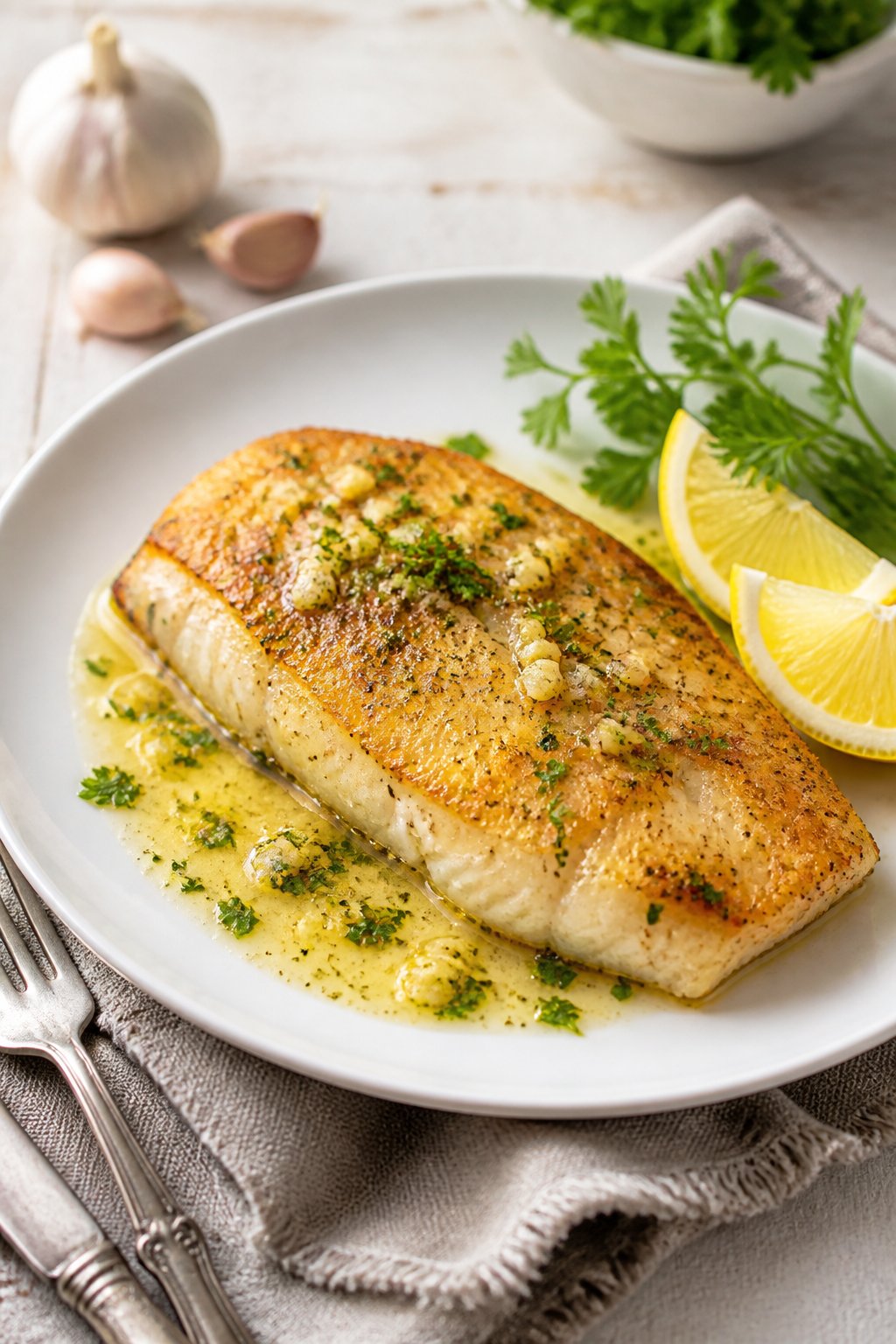 Garlic Butter Orange Roughy Recipe close-up, ready to serve