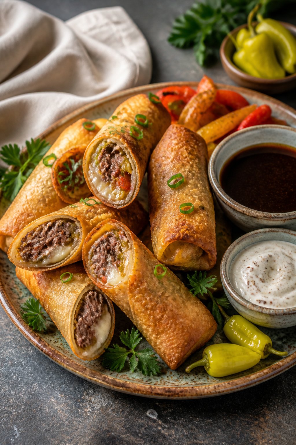 Italian Beef Egg Rolls Recipe close-up, ready to serve
