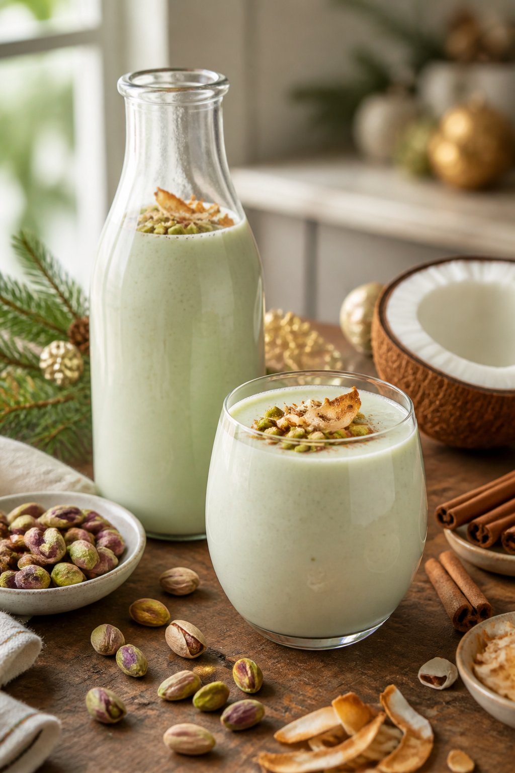 Pistachio Coquito Recipe close-up, ready to serve