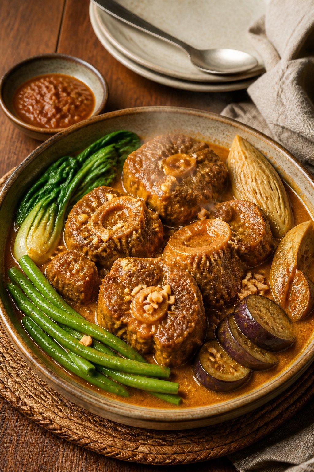 Slow Cooked Oxtail Kare Kare Recipe close-up, ready to serve