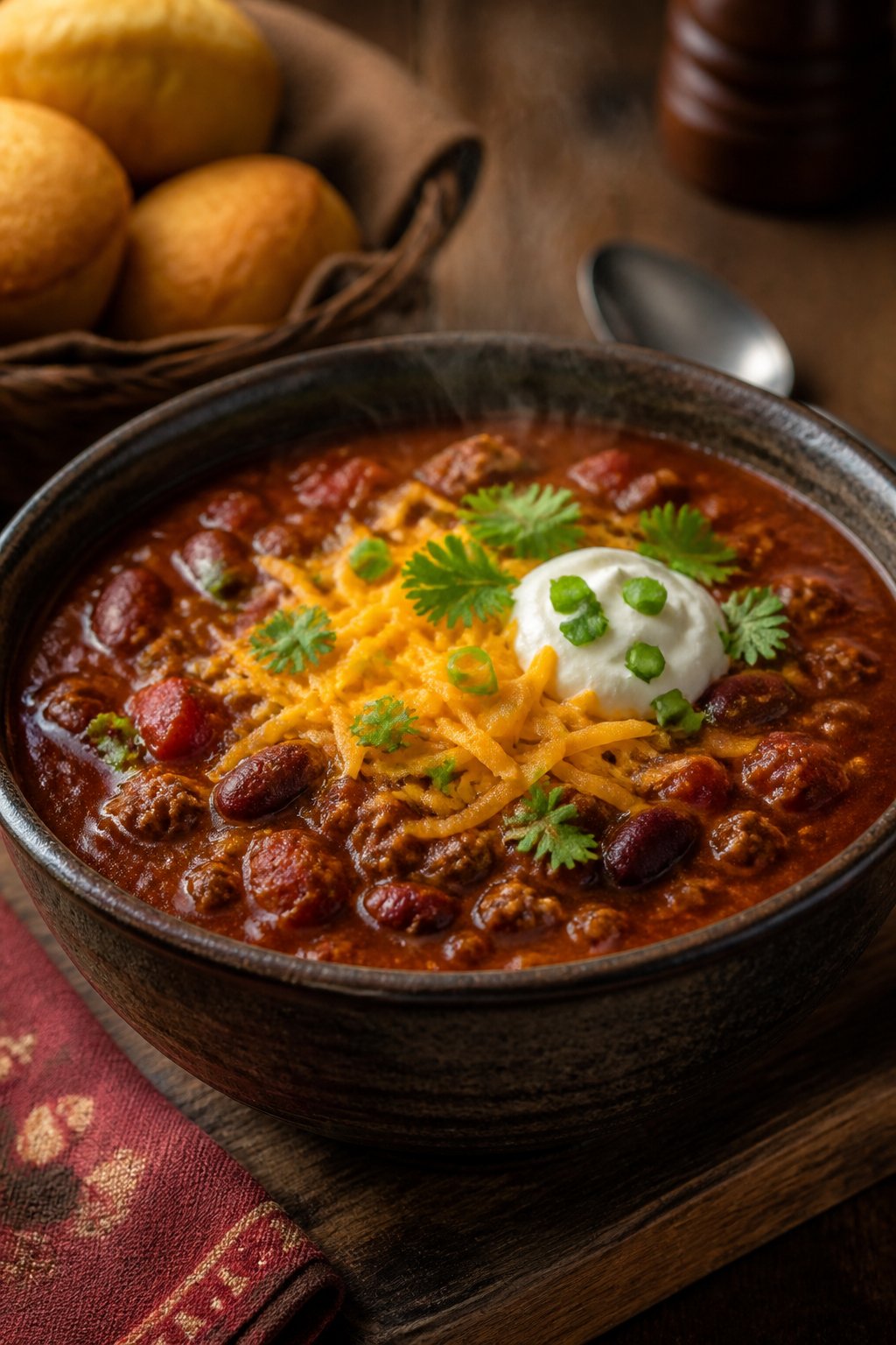 Texas Roadhouse Chili Recipe close-up, ready to serve