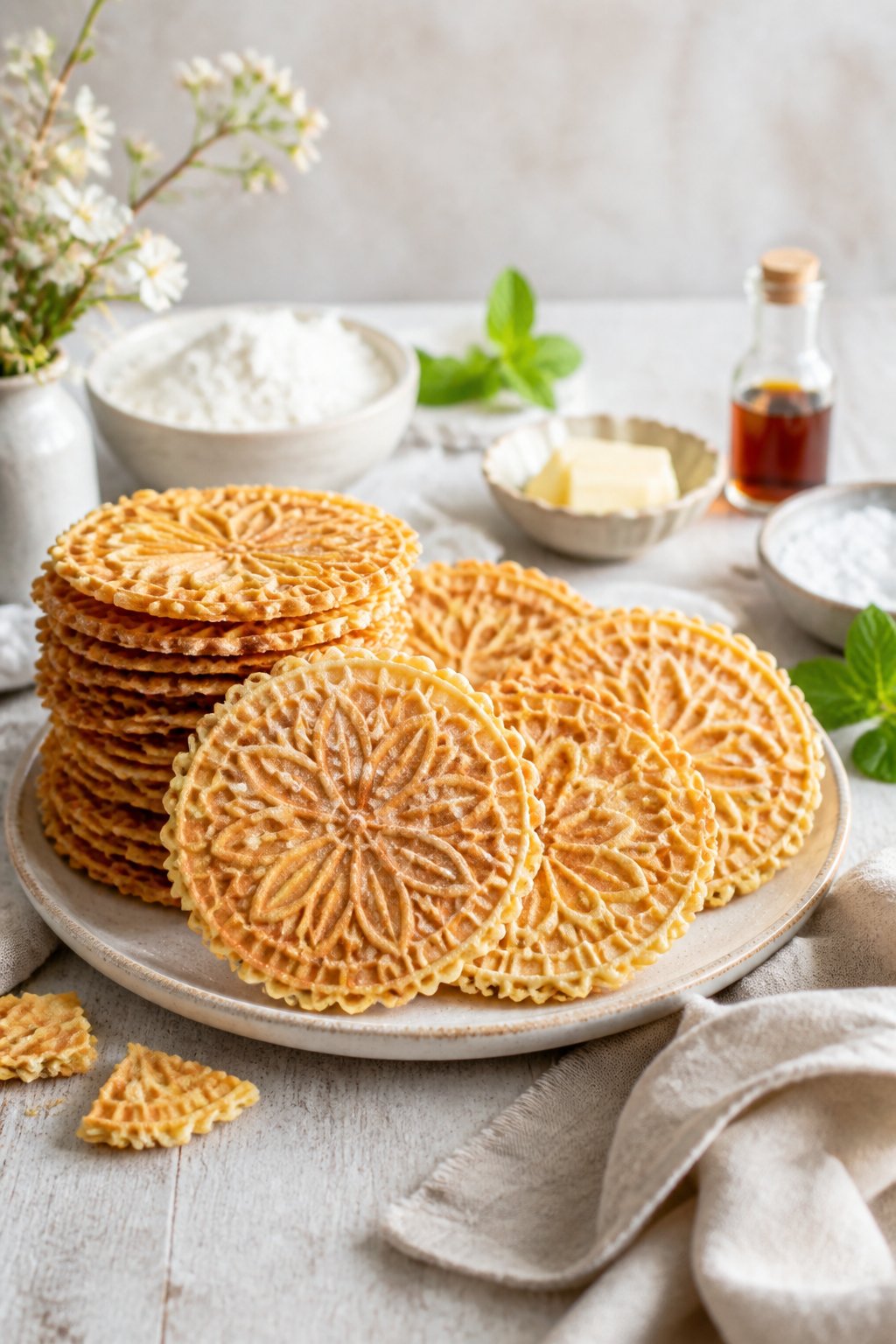 Vegan Pizzelle Recipe close-up, ready to serve
